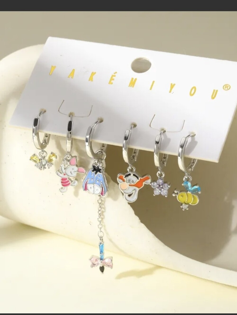 Winnie The Pooh Silver 14K Gold Plated Gemstone Stud Dangle Earring Set